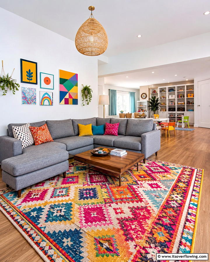 Multi Colored Rug for a Playful Vibe - 20 Perfect Rug Colors to Pair with a Grey Couch for Any Room