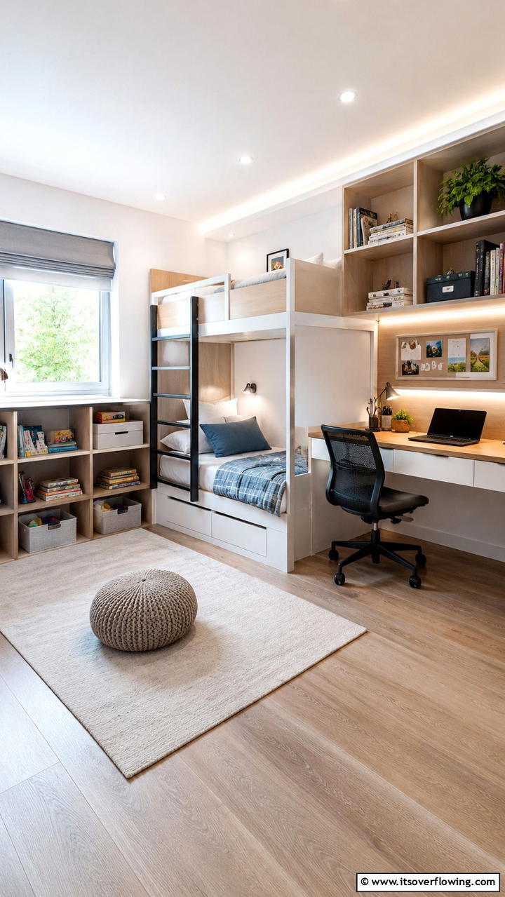 Multi Functional Bunk Room with Study Area - 30 Bunk Room Ideas for Fun and Functional Kids’ Spaces
