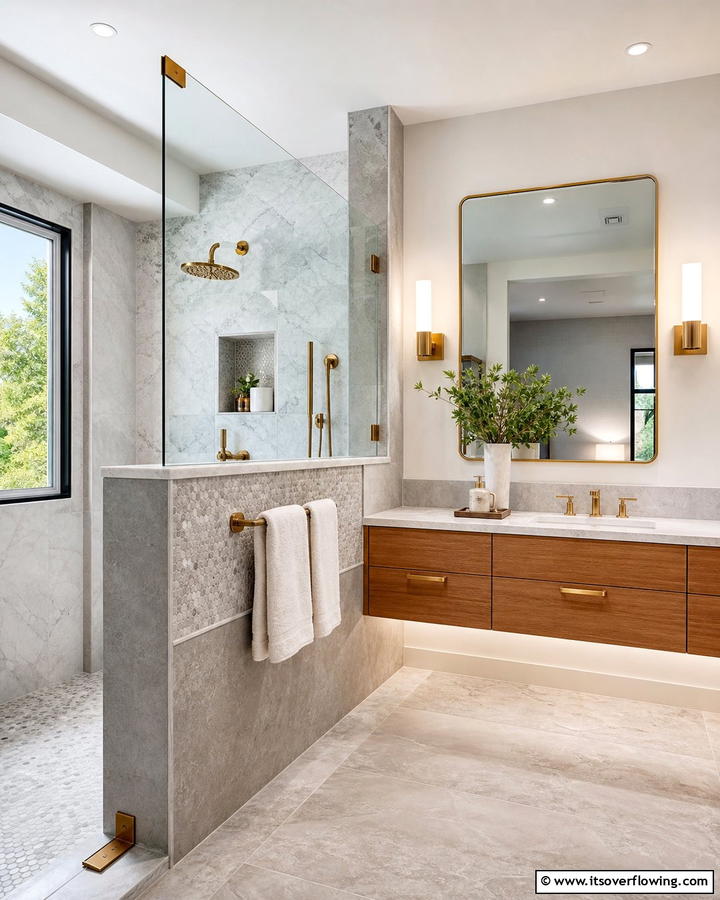 Multi Layered Textured Finishes - 30 Half-Wall Shower Ideas- Sleek Bathroom Design Solutions