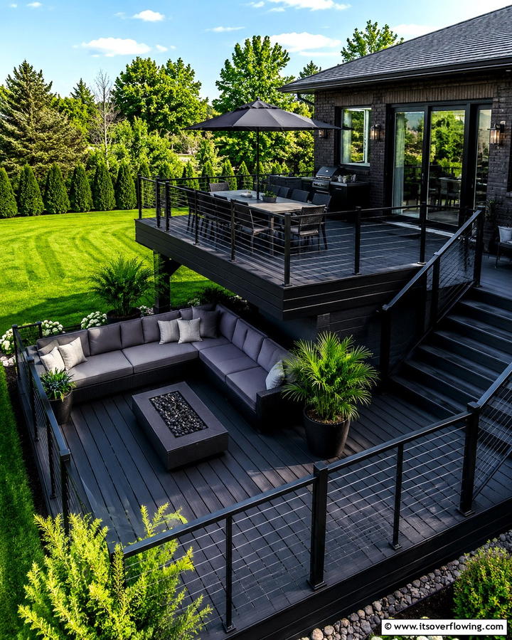 Multi Level Black Deck Design - 25 Black Deck Ideas for a Bold Outdoor Statement