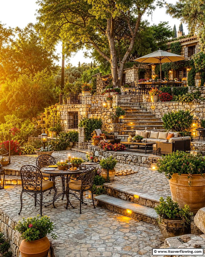 Multi Level Cobblestone Terrace - 20 Cobblestone Patio Ideas for a Rustic Outdoor Space