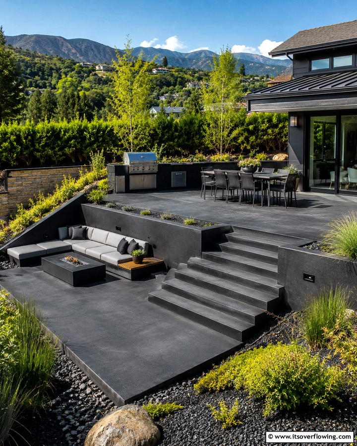 Multi Level Design - 25 Black Concrete Patio Ideas for Modern Outdoor Spaces