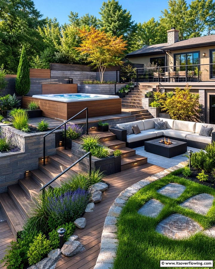 Multi Level Design - 20 Hot Tub Landscaping Ideas for a Relaxing Retreat