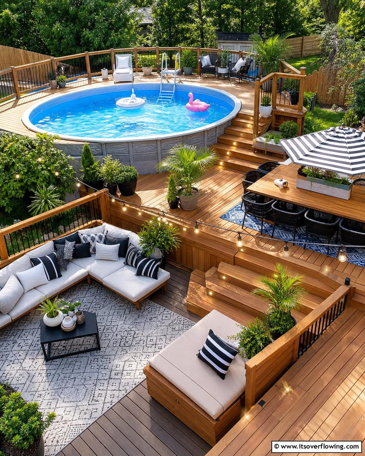 Multi Level Entertaining Space - 21 Above-Ground Pool Deck Ideas for Backyard Fun