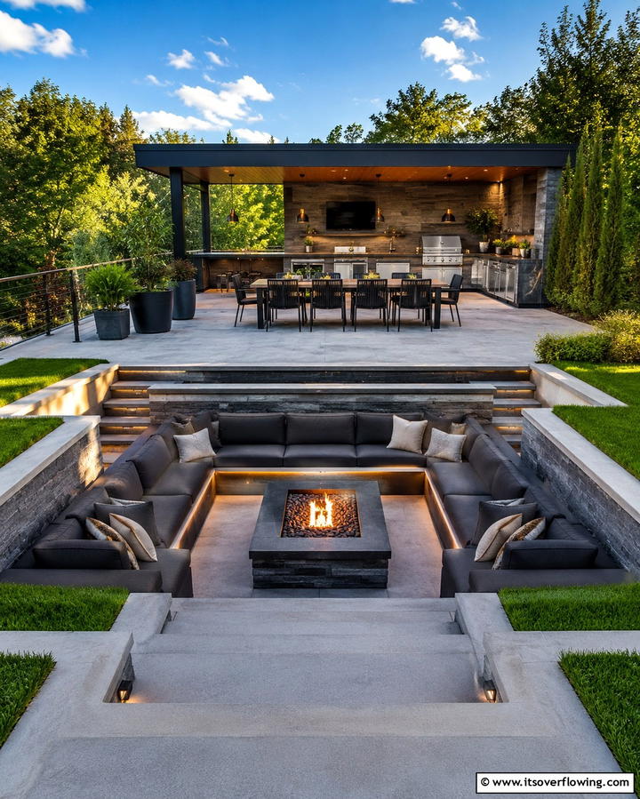 Multi Level Entertainment Zone - 25 Sunken Fire Pit Ideas for a Cozy Outdoor Gathering Spot