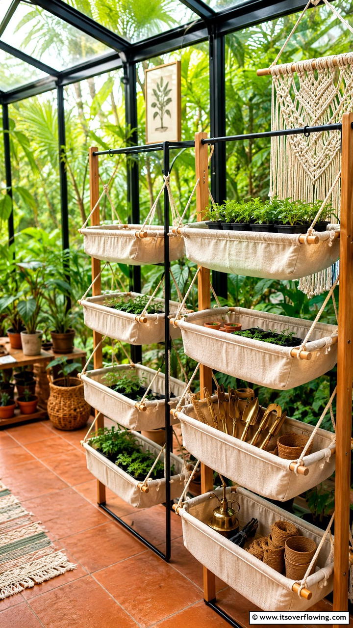 Multi Level Fabric Baskets Shelves - 30 Greenhouse Shelving Ideas- Organized Plant Storage
