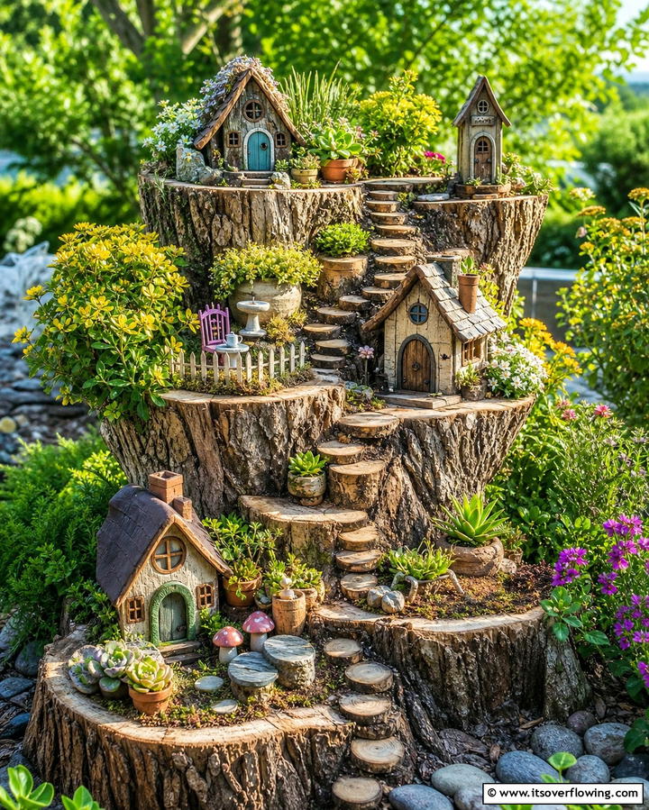 Multi Level Fairy Stump Garden - 25 Tree Stump Fairy Garden Ideas for Enchanting Spaces