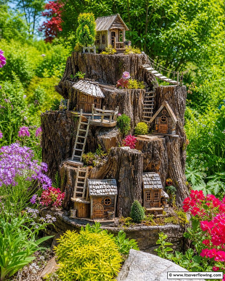 Multi Level Fairy Village - 25 Tree Stump Fairy Garden Ideas for Enchanting Spaces