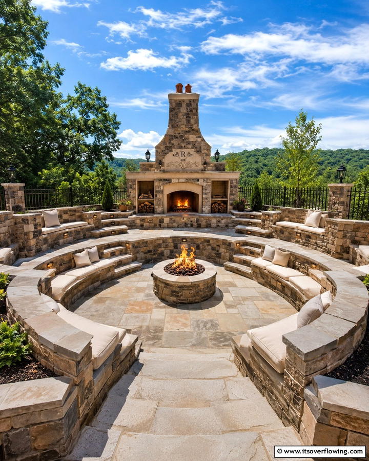 Multi Level Fireplace with Tiered Seating - 25 Outdoor Corner Fireplace Ideas for Cozy Nights