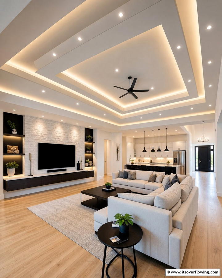 Multi Level Layered Ceilings - 21 Living Room Ceiling Ideas to Elevate Your Space
