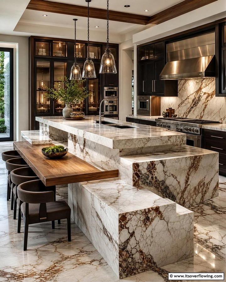 Multi Level Marble Island Design - 25 Marble Kitchen Island Ideas for a Stunning Centerpiece