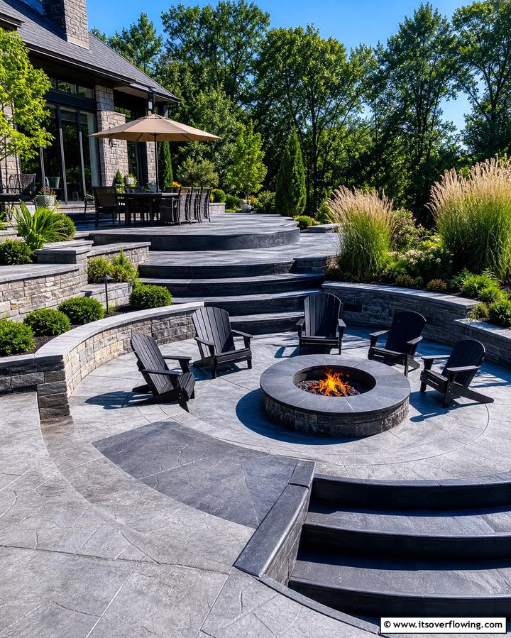 Multi Level Stamped Concrete Patio with Fire Pit - 25 Stamped Concrete Patio With Fire Pit Ideas