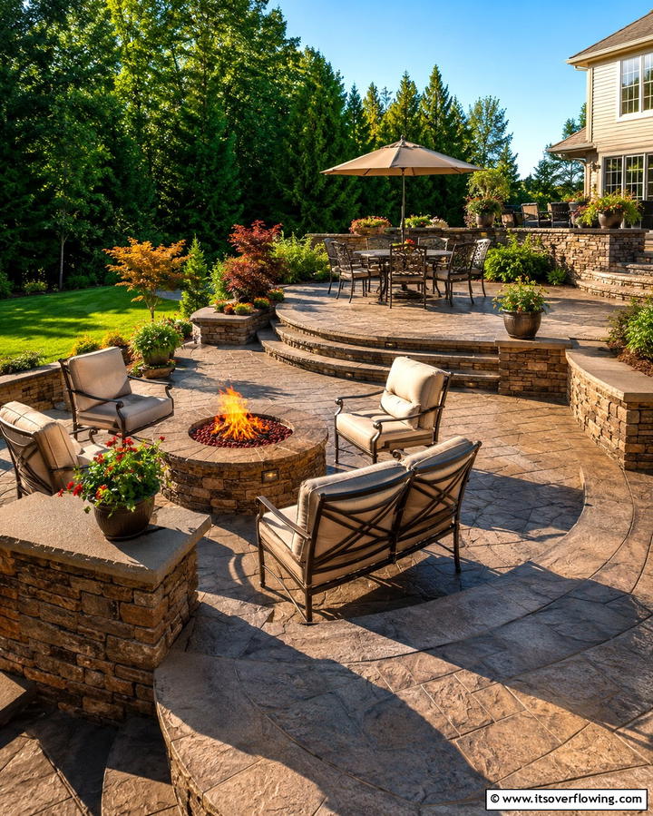 Multi Level Stamped Concrete Patio with Fire Pit - 20 Stamped Concrete Patio With Fire Pit Ideas