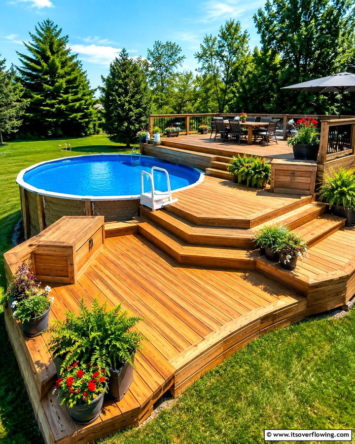Multi Level Wooden Decks - 25 Above Ground Pool Landscaping Ideas for a Stunning Yard