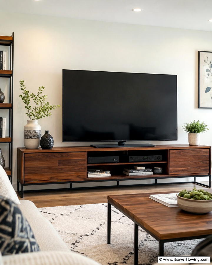 Multi Purpose Media Console - 30 Media Room Ideas for Ultimate Living Room Entertainment