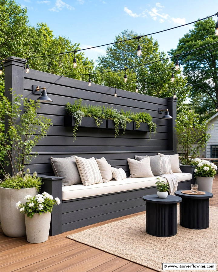 Multi Purpose Privacy Wall with Built In Seating - 20 Deck With Privacy Wall Ideas for Cozy Spaces