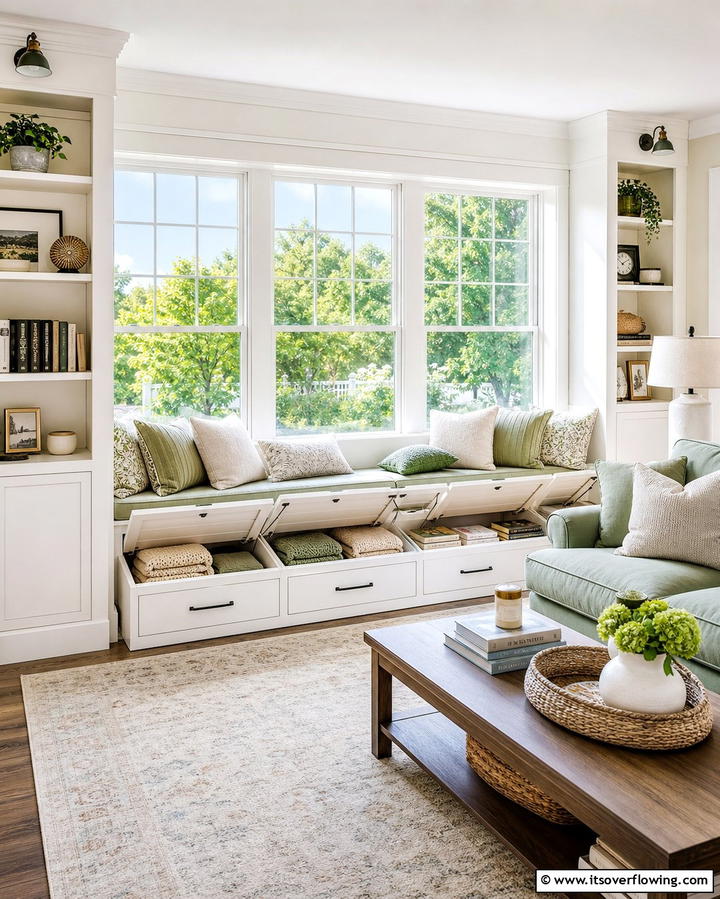 Multi Purpose Window Seat Storage - 30 Living Room Storage Ideas to Declutter Your Space