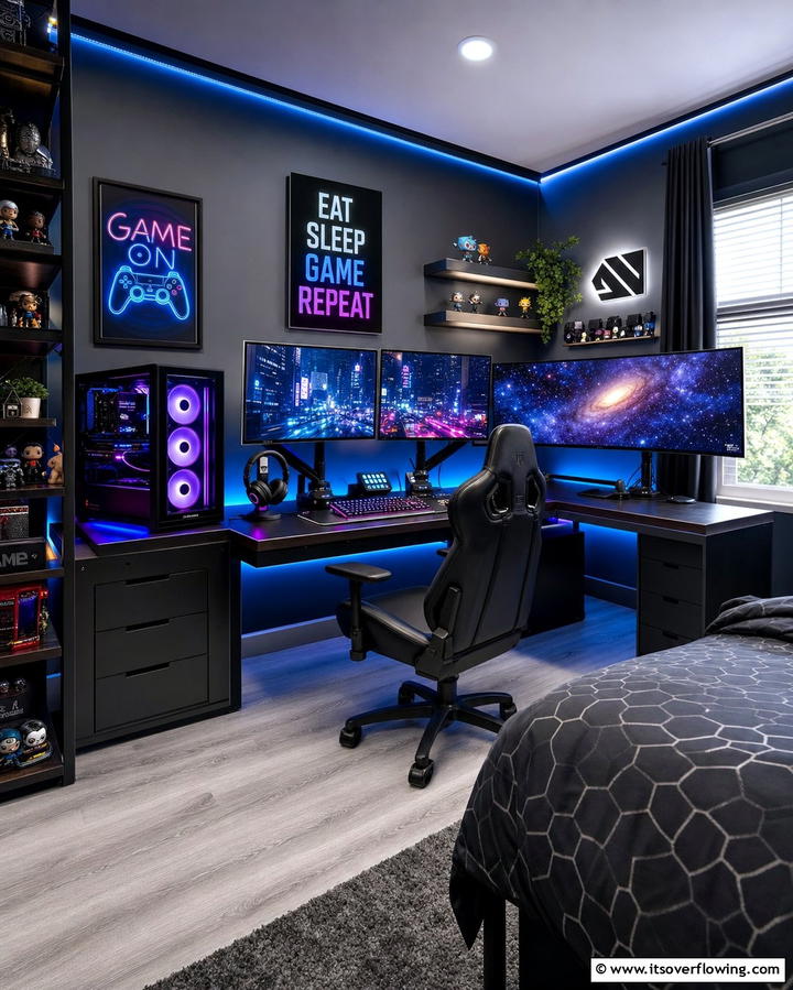 Multi Screen Gaming Station - 25 Boys Gaming Bedroom Ideas for the Ultimate Gaming Setup