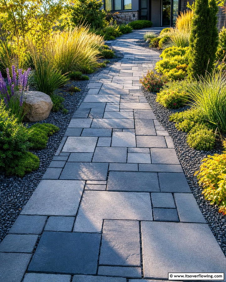 Multi Sized Paver Layout - 20 Grey Paver Walkway Ideas for a Modern Landscape