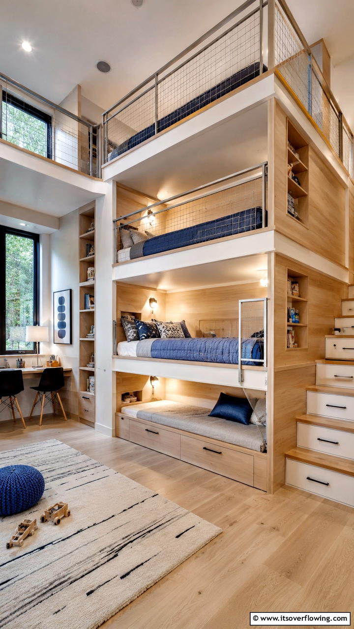Multi Tiered Bunk Room for Dynamic Living - 30 Bunk Room Ideas for Fun and Functional Kids’ Spaces