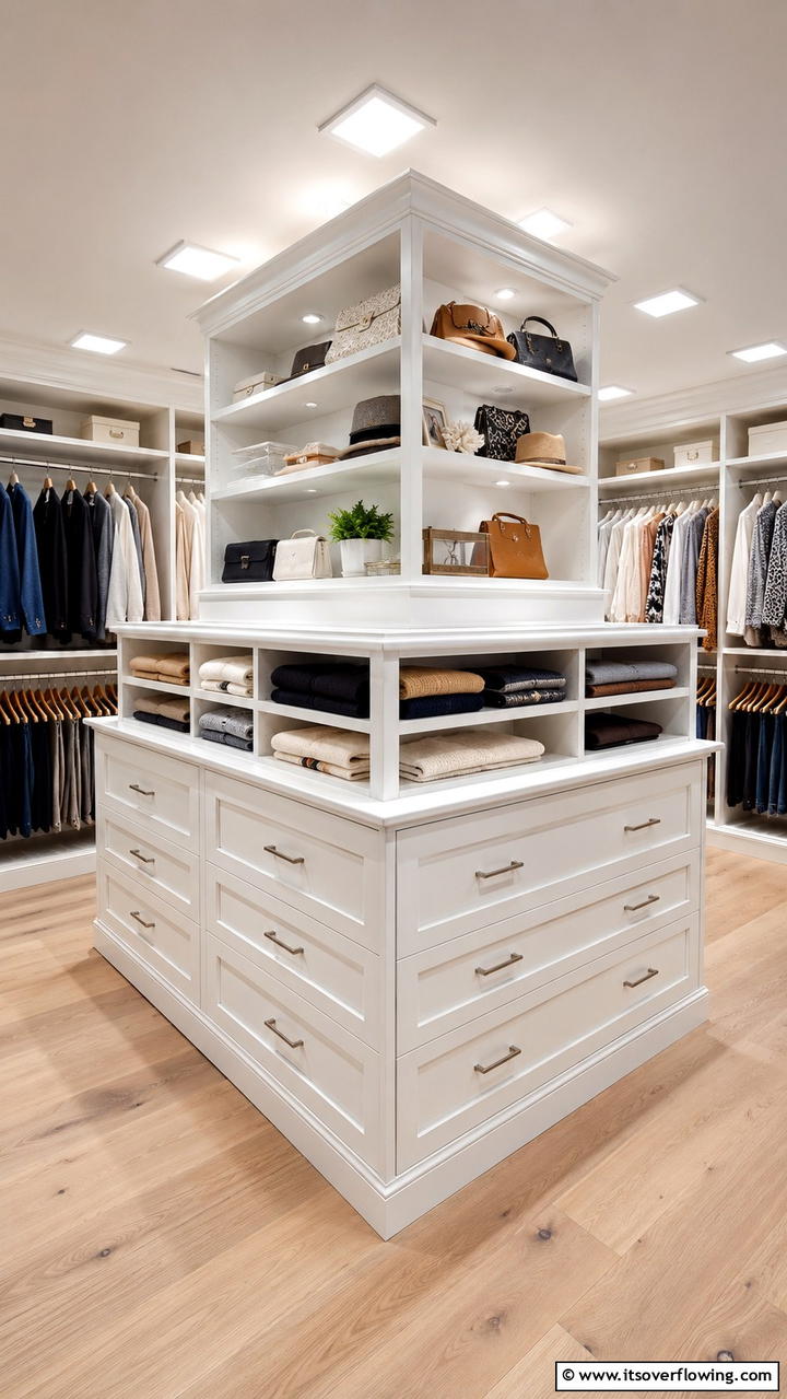 Multi Tiered Closet Island - 30 Closet Island Ideas- Luxurious Walk-In Storage Solutions