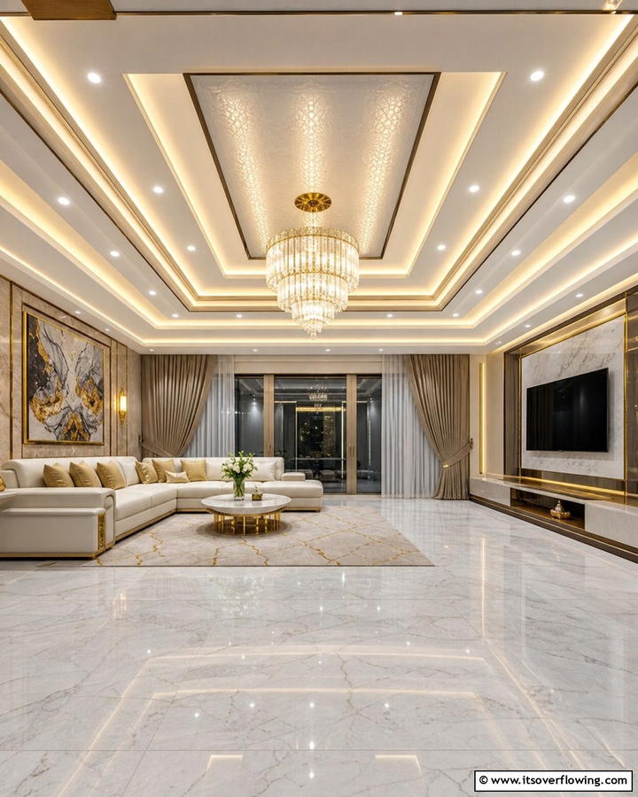 Multi Tiered Design - 20 Living Room False Ceiling Design Ideas to Elevate Your Space
