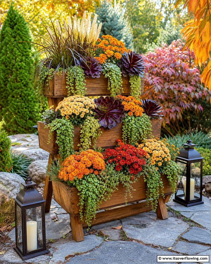 Multi Tiered Fall Display - 21 Fall Planter Ideas to Refresh Your Outdoor Spaces