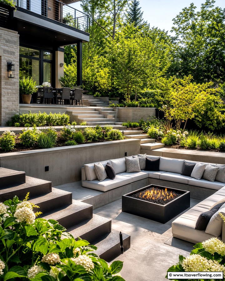 Multi Tiered Patio with Fire Pit on the Lower Level - 25 Stamped Concrete Patio With Fire Pit Ideas