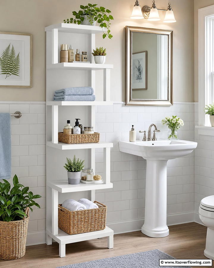 Multi Tiered Shelving Units for Layered Storage - 21 Small Bathroom Storage Solutions for Clutter-Free Spaces