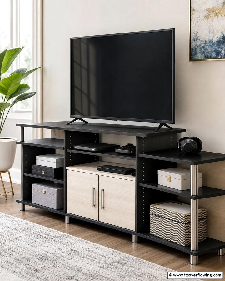 Multi Tiered TV Stand with Adjustable Shelves - 25 TV Stand Ideas to Complement Your Home Decor