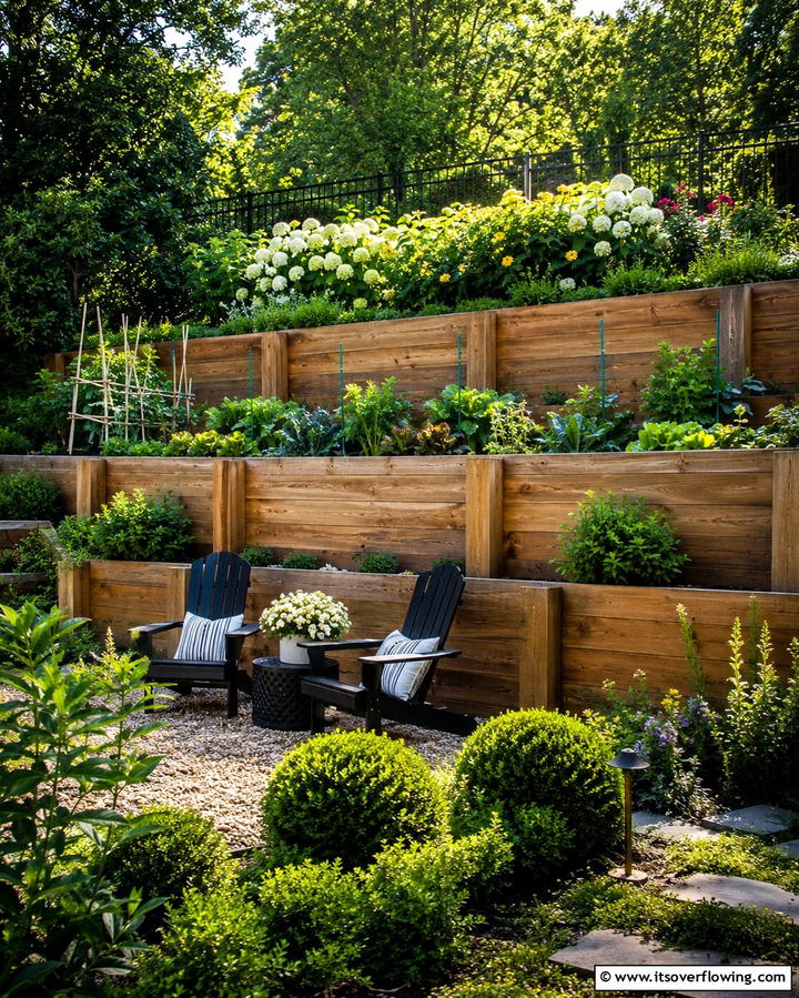 Multi Tiered Wooden Retaining Walls - 20 Durable Wood Retaining Wall Ideas for Your Yard