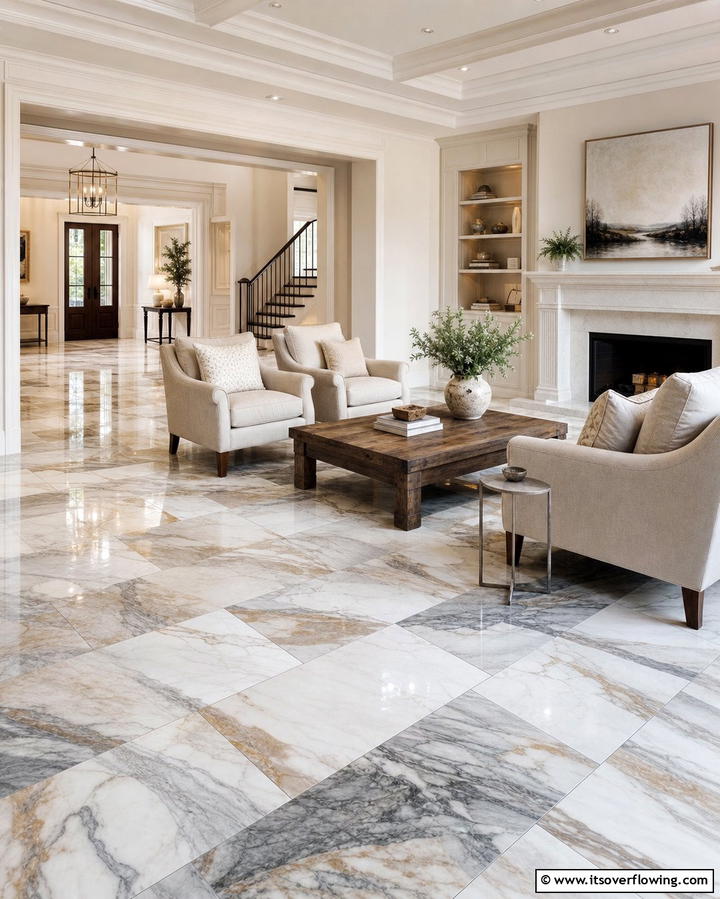 Multi Toned Marble for Visual Interest - 25 Marble Floor Living Room Ideas for a Luxurious Space