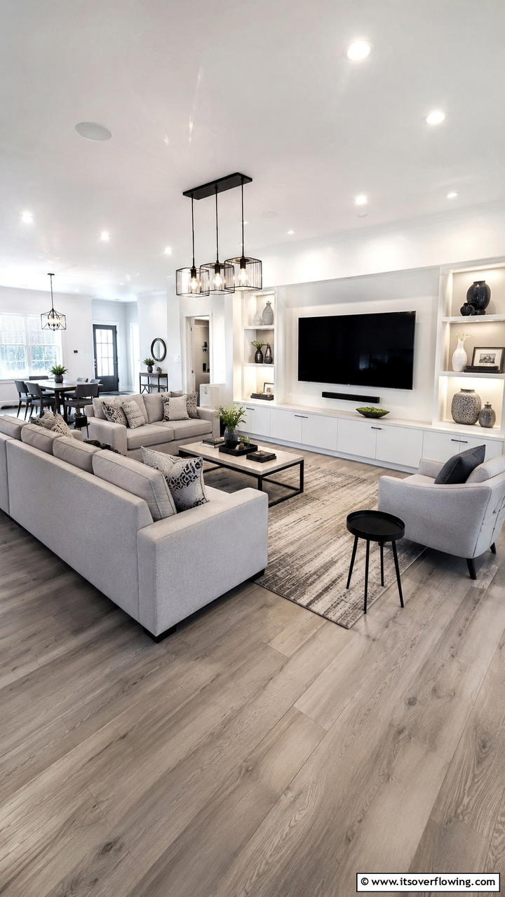 Multi functional Entertainment Space - 30 Grey and White House Interior Ideas- Minimalist Elegance