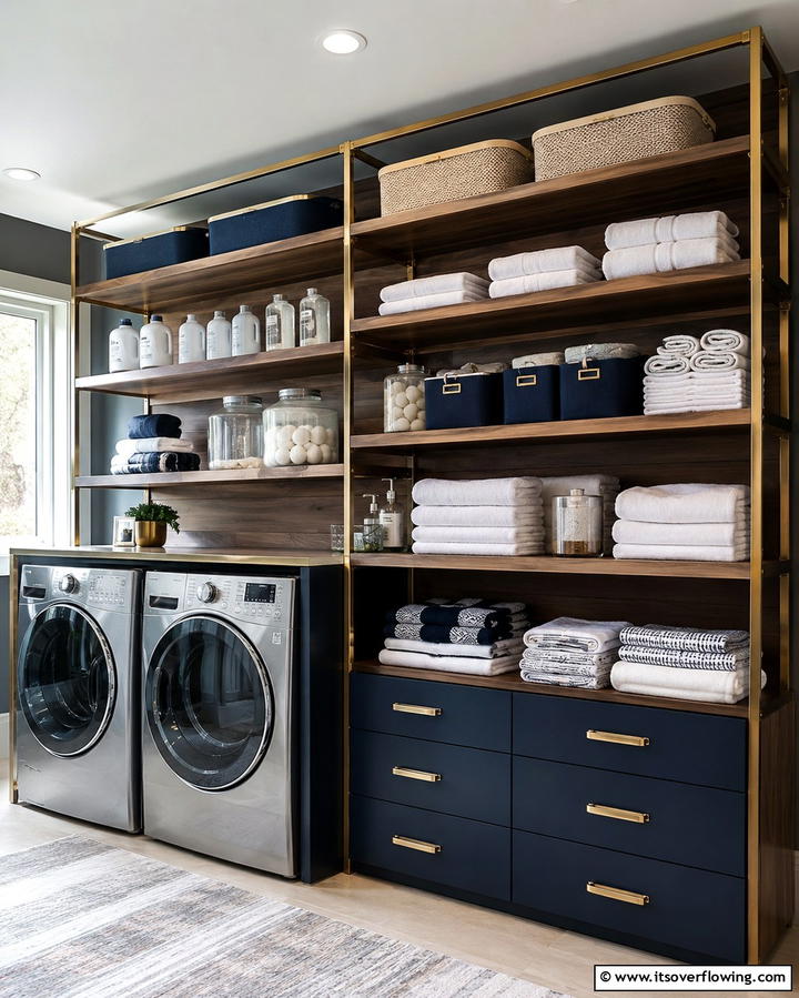 Multi tiered Laundry Storage Shelves - 30 Laundry Room Shelf Ideas- Maximize Storage & Efficiency