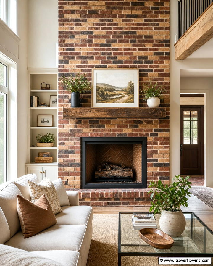 Multicolored Brick Fireplace for a Unique Look - 25 Rustic Living Room Ideas with a Brick Fireplace