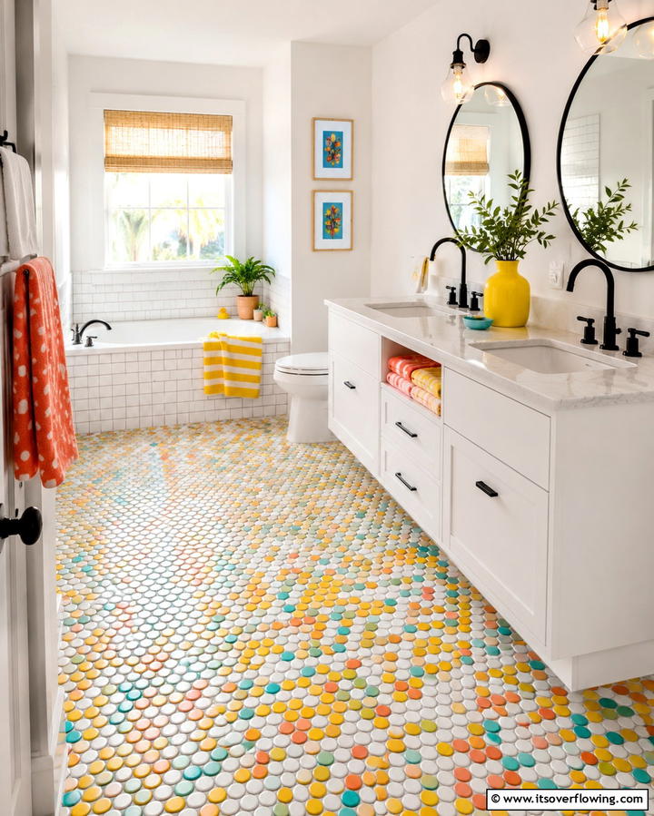 Multicolored Penny Tile Patterns - 25 Penny Tile Bathroom Floor Ideas for a Unique Look