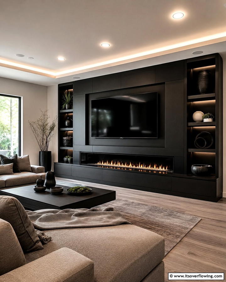 Multifunctional Entertainment Hub - 30 Bold Black Fireplace Ideas to Elevate Your Living Room