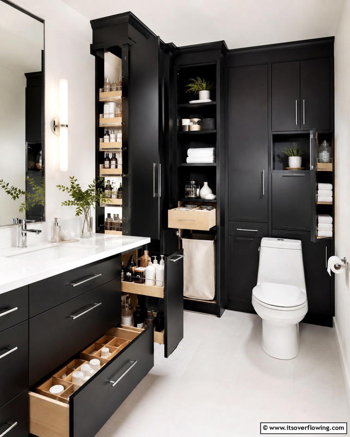Multifunctional Storage Solutions - 30 Black Cabinet Bathroom Ideas for Dramatic Modern Spaces