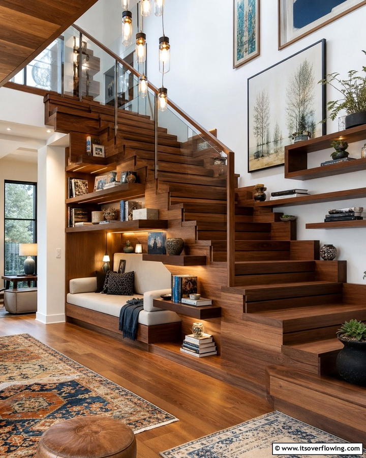 Multilevel Display Staircase - 30 Wooden Staircase Ideas for Modern and Rustic Homes