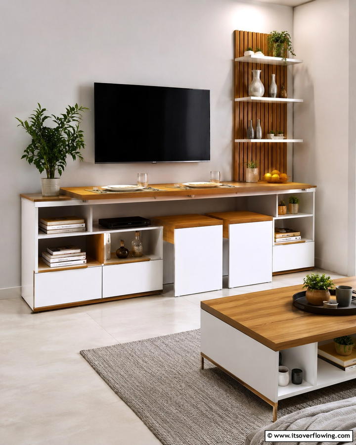 Multipurpose TV Stand - 20 Small Living Room Ideas With TV and Dining Table
