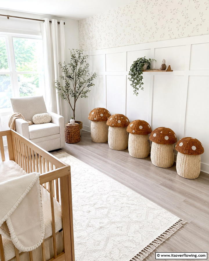 Mushroom Shaped Storage Bins - 25 Woodland Nursery Ideas for a Nature-Inspired Room