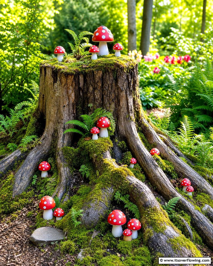 Mushroom Themed Stump Garden - 25 Tree Stump Fairy Garden Ideas for Enchanting Spaces