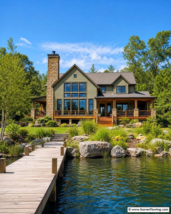 Muted Olive Calm - 30 Lake House Exterior Color Ideas Inspired by Nature