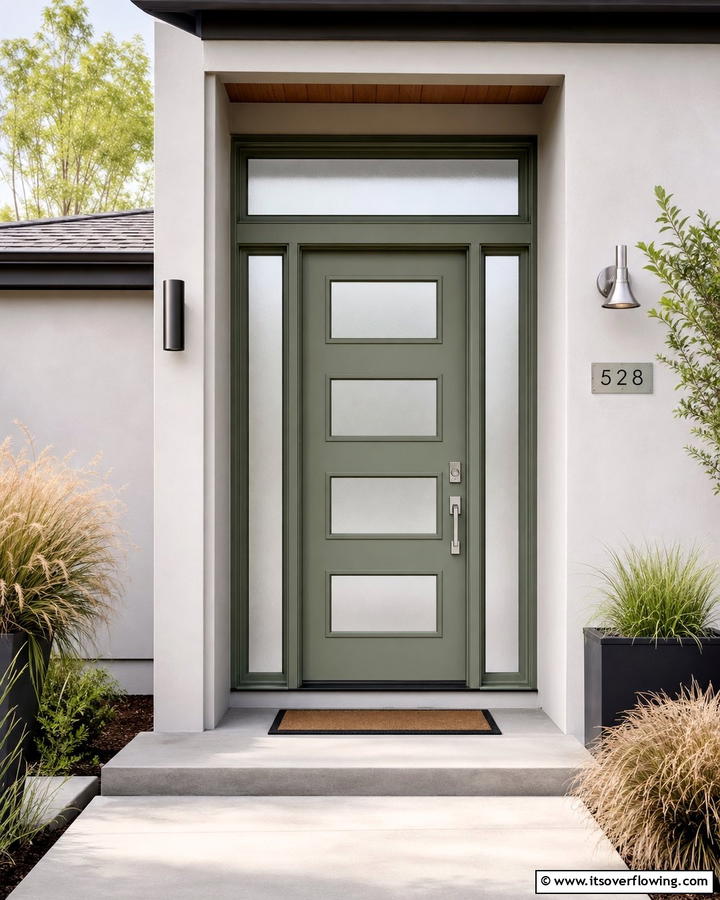 Muted Pine Green Door with Frosted Glass Inserts - 20 Stunning Dark Green Front Door Ideas for Curb Appeal