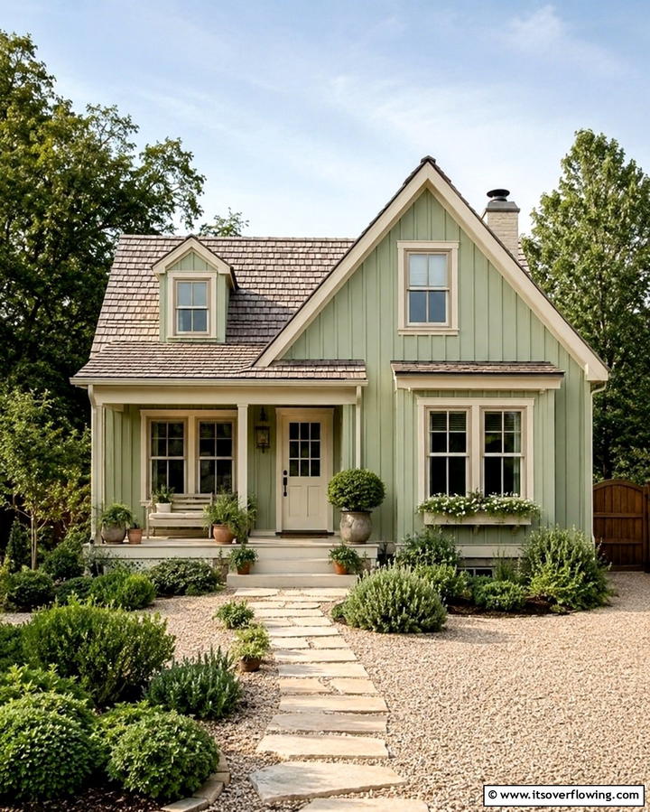 Muted Pistachio with Neutral Trim - 25 Farmhouse Green Exterior Home Ideas for a Fresh Look