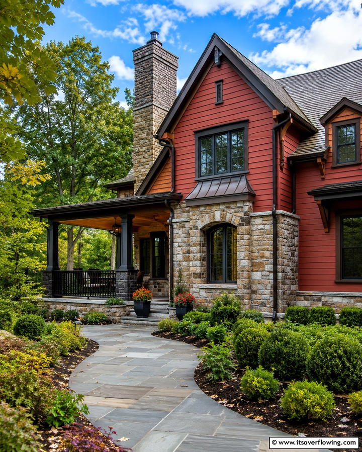 Muted Red with Natural Stone - 25 Red Home Exterior Ideas to Boost Curb Appeal