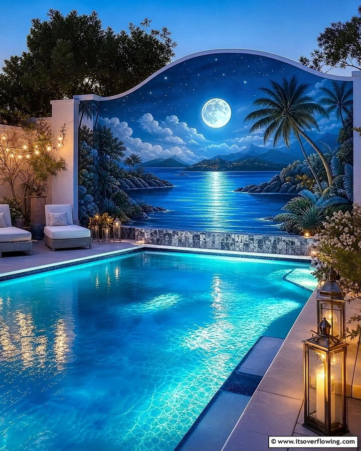 Mystical Moonlit Lagoon - 20 Pool Mural Ideas to Enhance Your Backyard Oasis