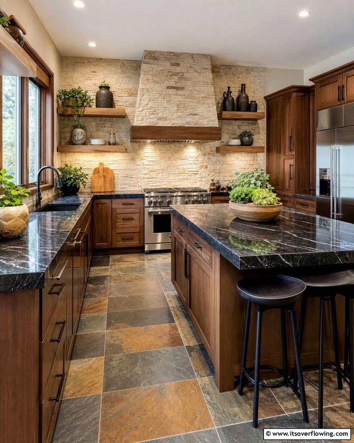 Natural Beauty with Stone Accents - 20 Kitchen Ideas with Brown Cabinets and Black Countertops