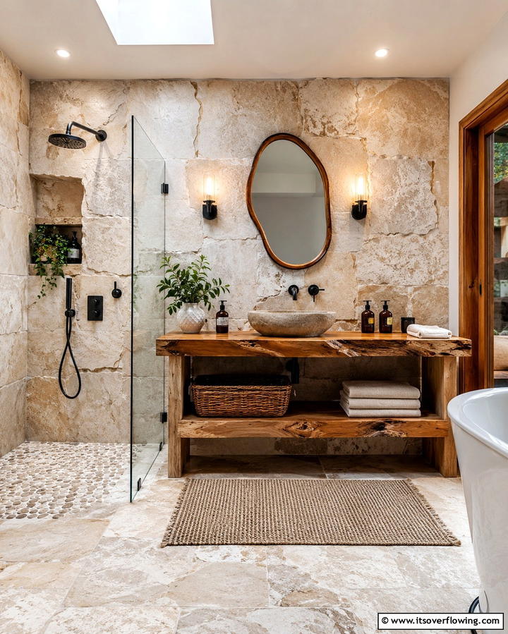 Natural Edge for Organic Appeal - 25 Travertine Tile Bathroom Ideas for Natural Beauty