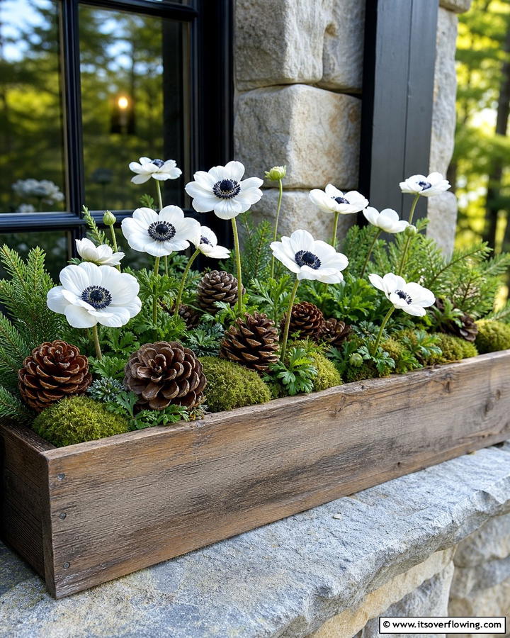 Natural Elegance with Pinecones and White Anemones - 20 Fall Flower Box Ideas for Seasonal Beauty
